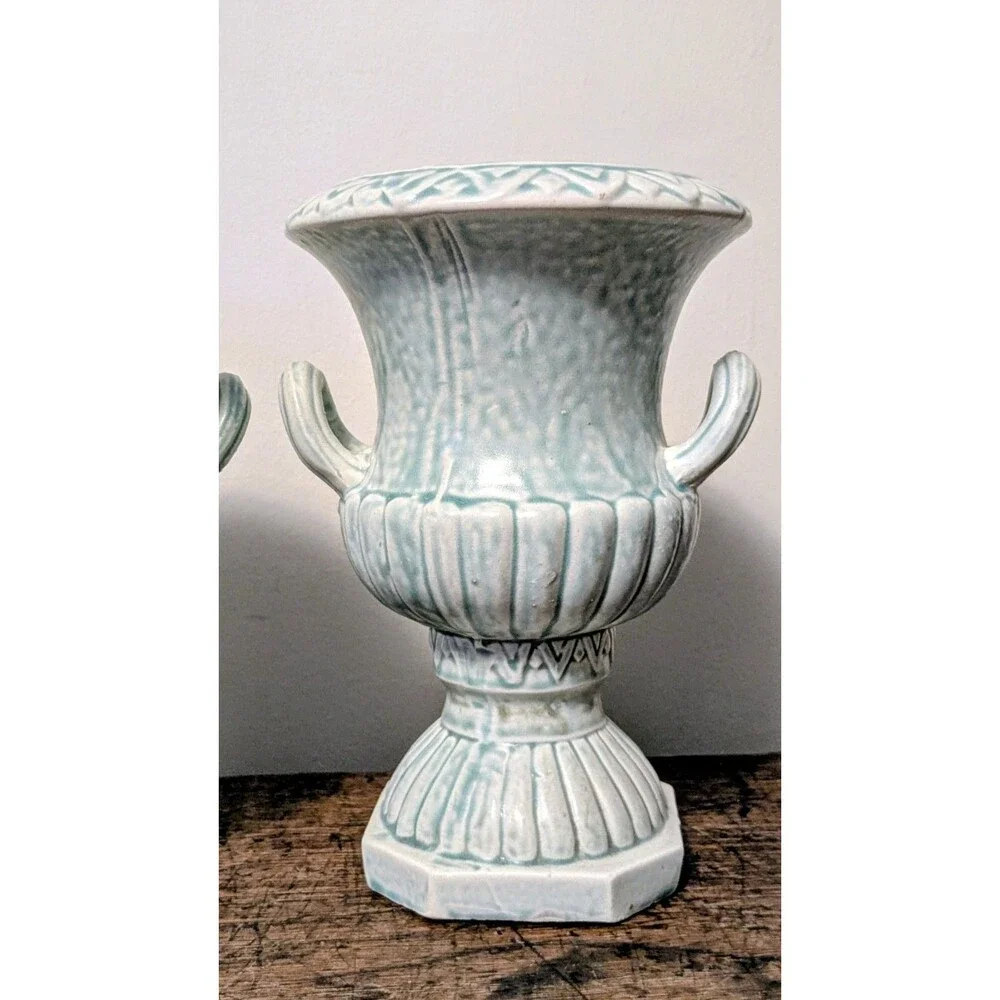 Vintage Pair Celadon Green Majolica Style Vases Neoclassical Mantle Urns Japan